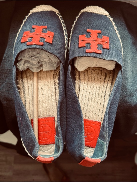Tory Burch Shoes - Tory Burch Navy Denim Espadrilles with Red Logo Accents